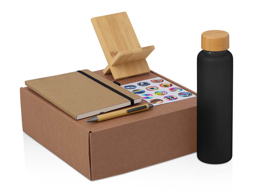 Набор «Wooden» с бутылкой, блокнотом, ручкой и подставкой для телефона , черный, темно-серый